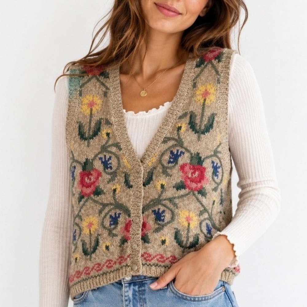 Talbots Vintage Floral Knit Vest Oatmeal Ramie Cotton V-Neck Button Front Medium
